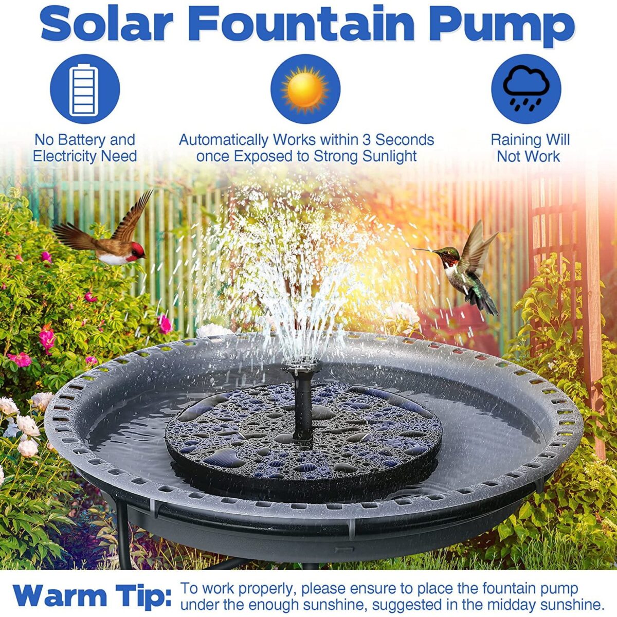 Floating Solar Powered Water Fountain Pump For Bird Bath, Garden, Pond, Pool - Outdoor Solar Fountain - Warminter