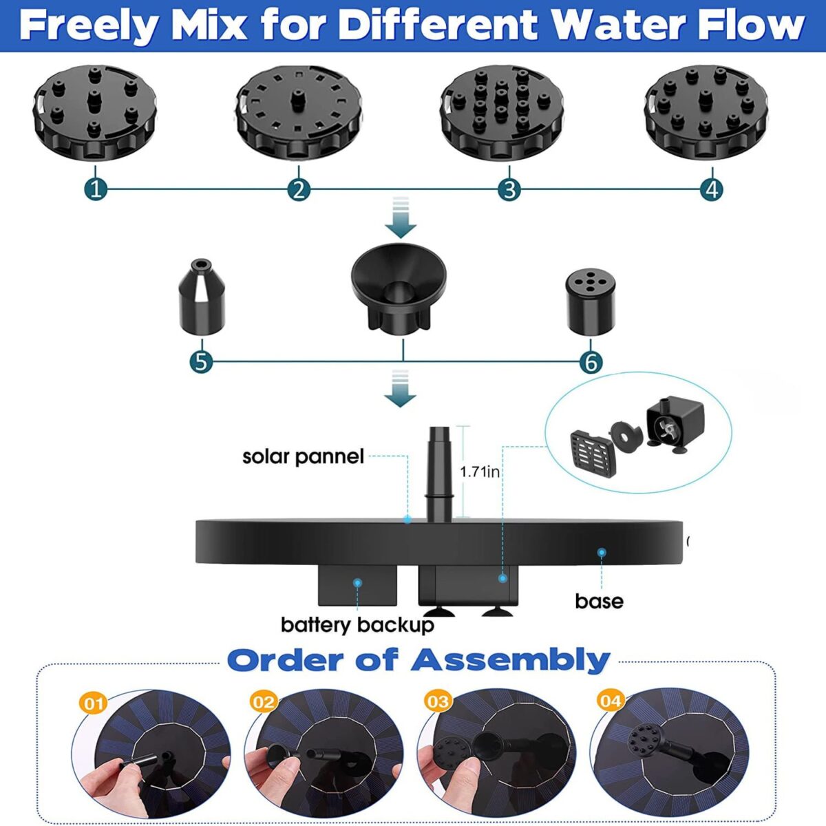 Floating Solar Powered Water Fountain Pump For Bird Bath, Garden, Pond, Pool - Outdoor Solar Fountain - Warminter