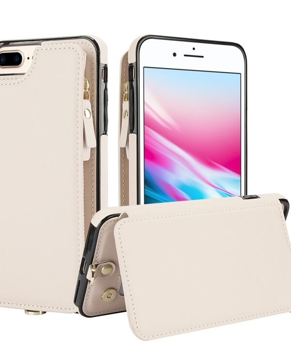 Double Flap Zipper RFID Leather Phone Case with Short Lanyard, For iPhone 8 Plus / 7 Plus